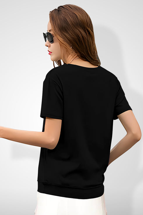 Women Black Round Neck Half Sleeves T-Shirt